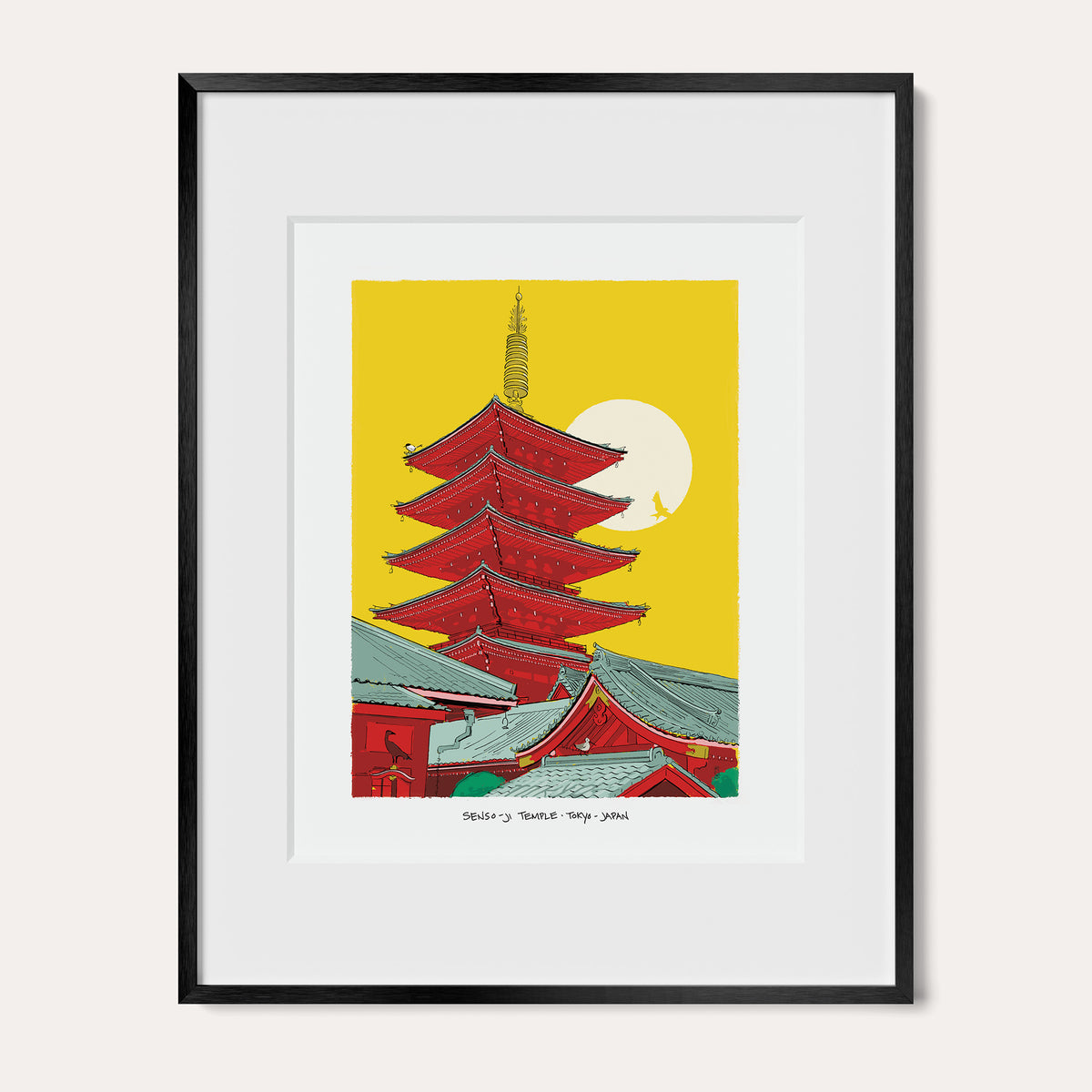 Senso-ji Temple, Tokyo art print in a black metal frame with a white mat, shown as the 11 x 14 inch frame matted to 8 x 10. The red five-story pagoda rises above temple rooftops against a yellow sky.