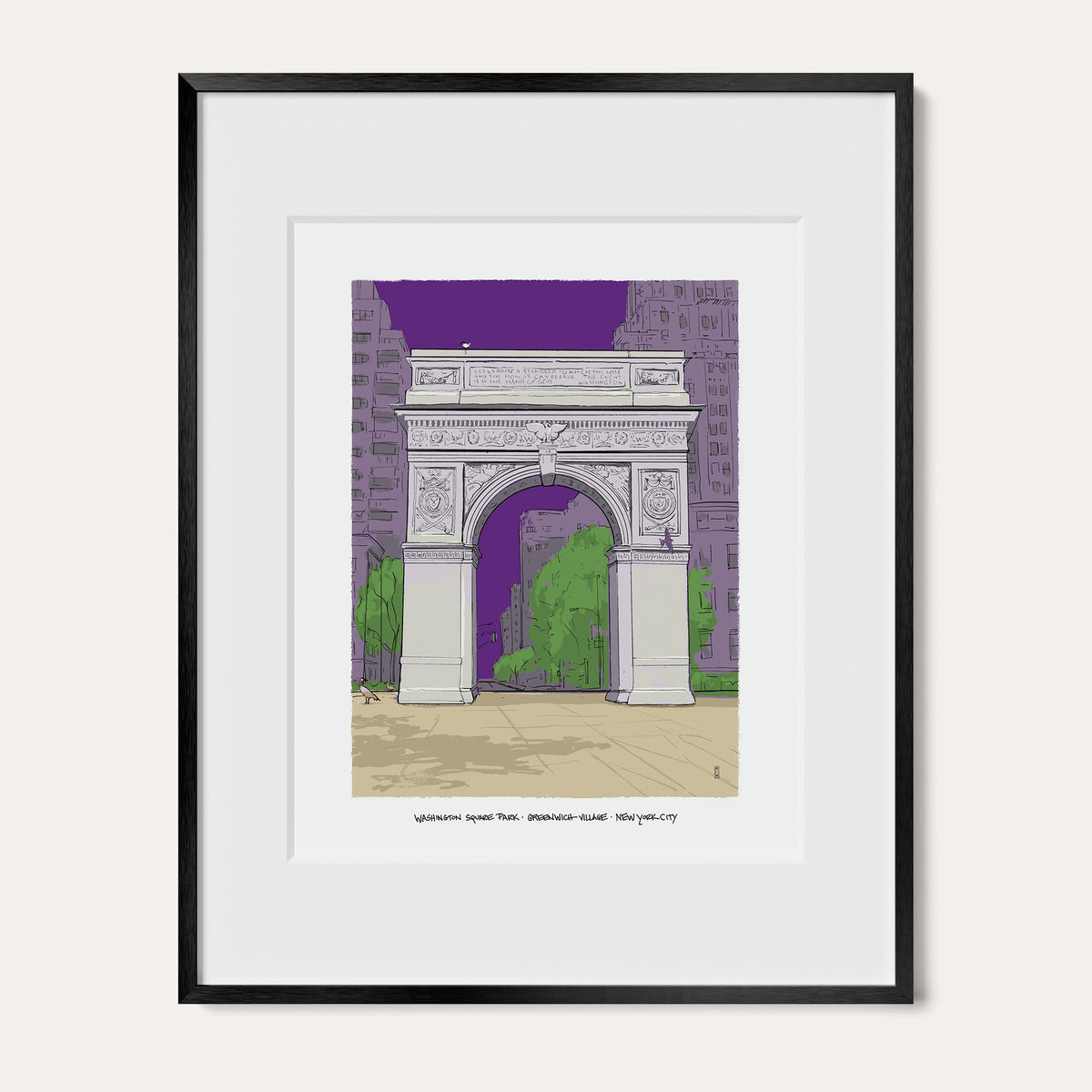 Washington Square Park, New York City art print in a black metal frame with a white mat, shown as the 11 x 14 inch frame matted to 8 x 10. The Washington Square Arch stands against a violet sky with green trees behind it.