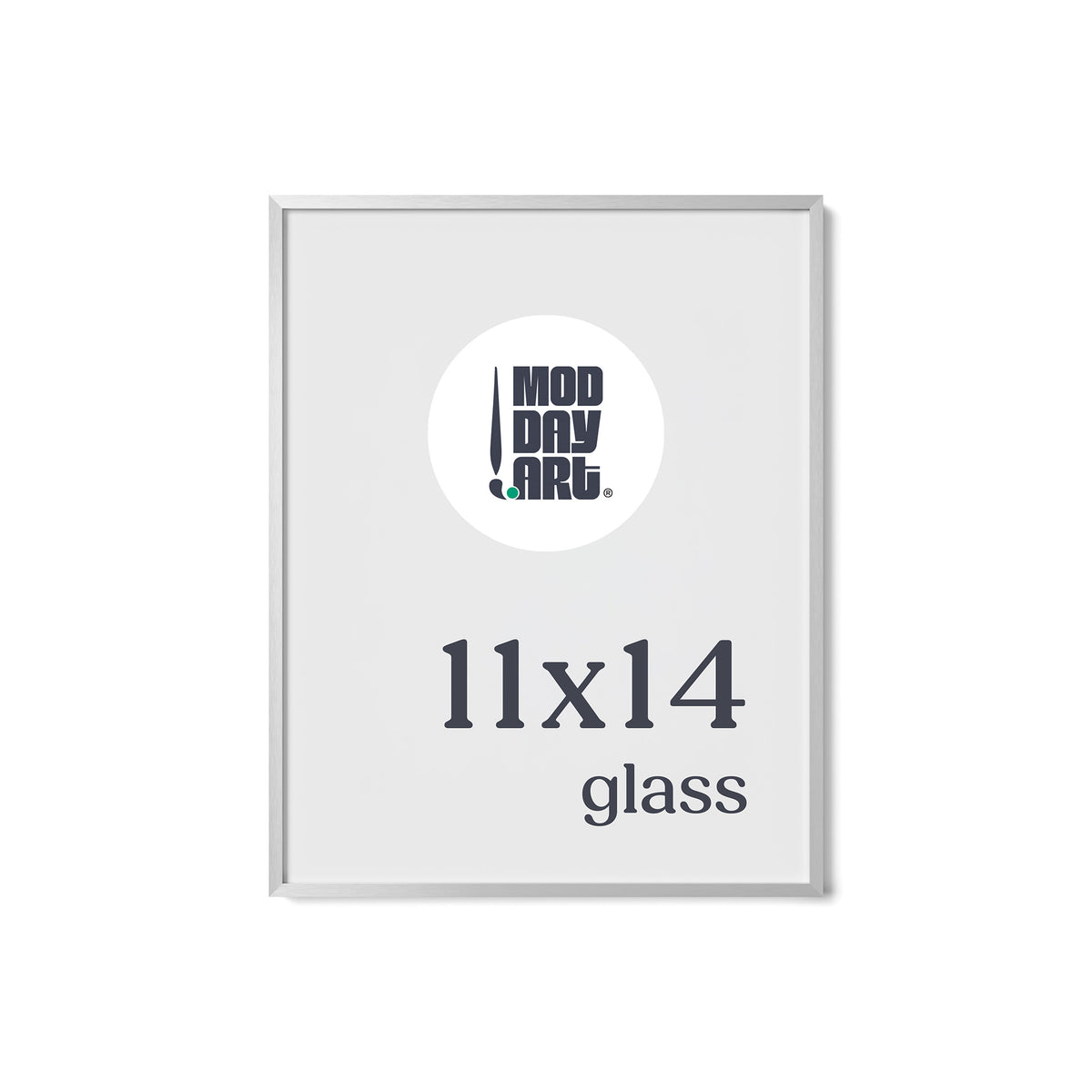 Premium Metal Picture Frame in Silver, 11x14 size with glass and no mat, shown empty with a Mod Day Art logo placeholder.