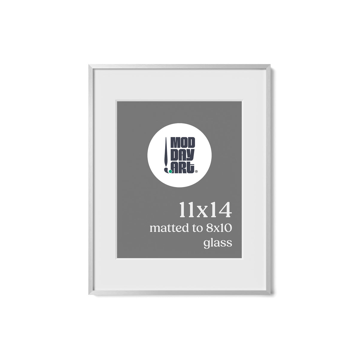 Premium Metal Picture Frame in Silver, 11x14 size with a white mat that holds an 8x10 print, shown empty with a Mod Day Art logo placeholder.