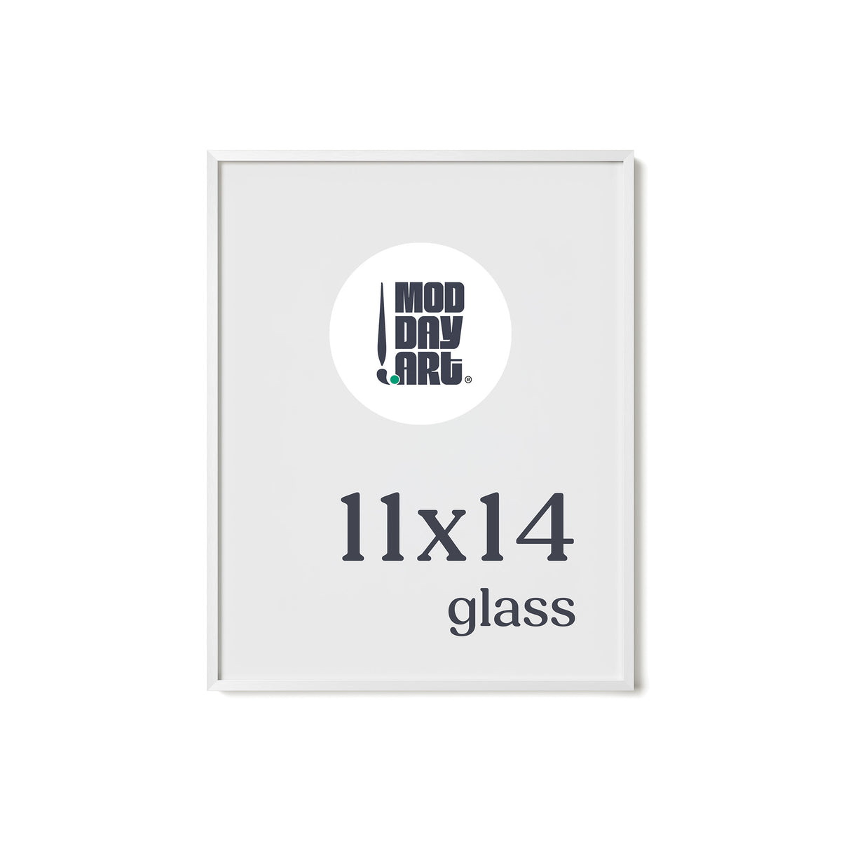 Premium Metal Picture Frame in White, 11x14 size with glass and no mat, shown empty with a Mod Day Art logo placeholder.