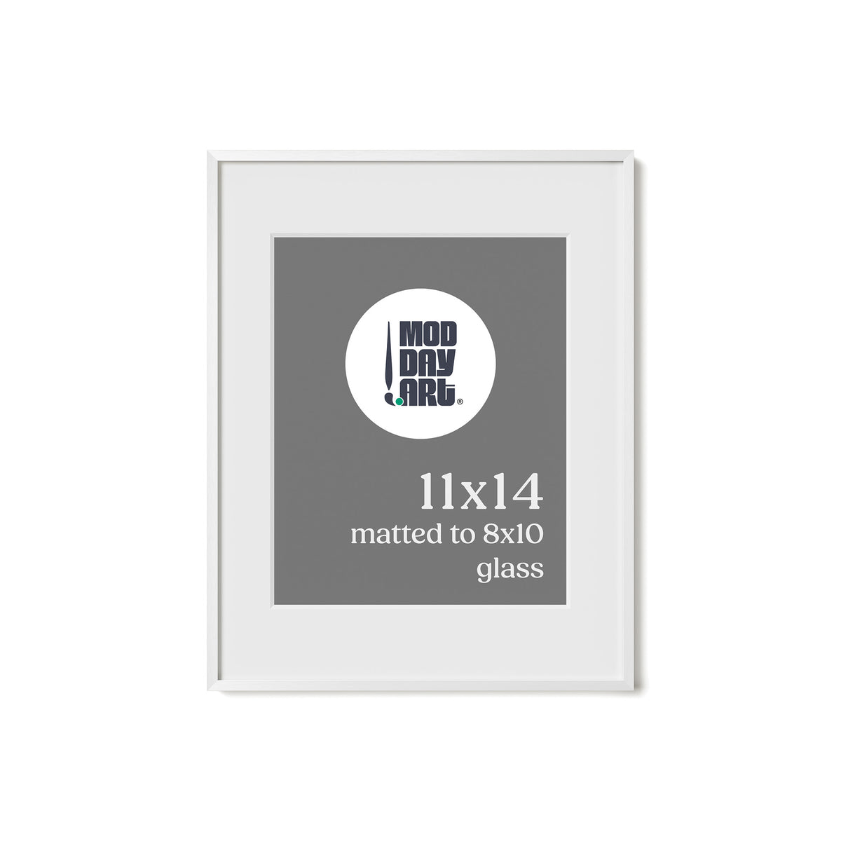 Premium Metal Picture Frame in White, 11x14 size with a white mat that holds an 8x10 print, shown empty with a Mod Day Art logo placeholder.