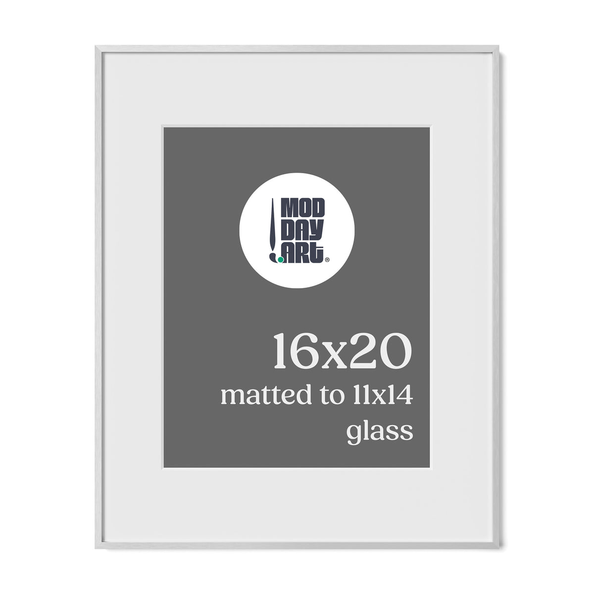 Premium Metal Picture Frame in Silver, 16x20 size with a white mat that holds an 11x14 print, shown empty with a Mod Day Art logo placeholder.