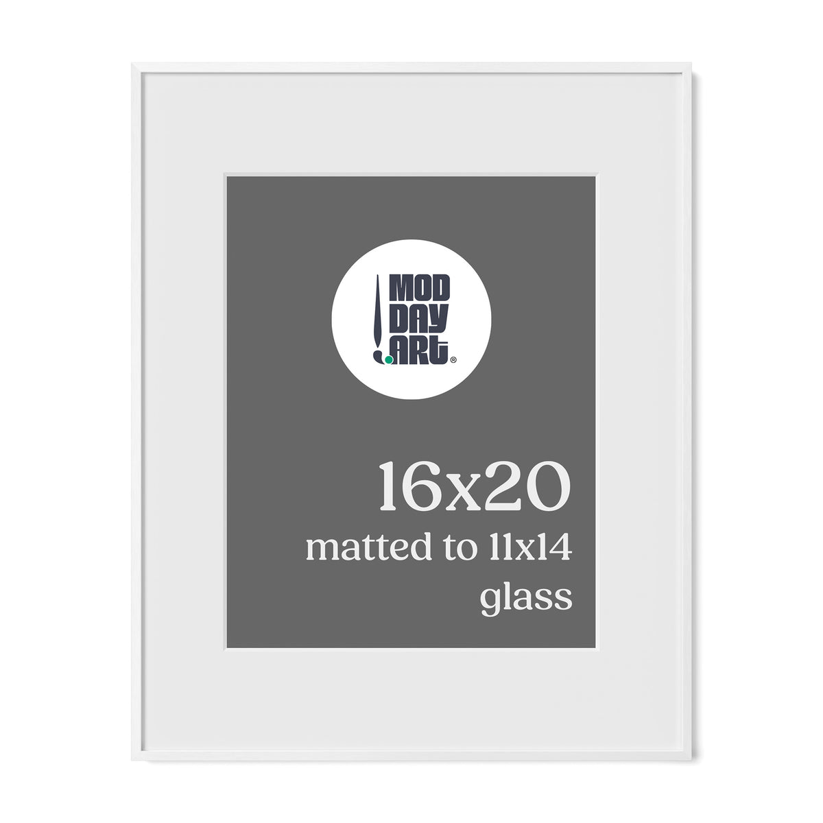 Premium Metal Picture Frame in White, 16x20 size with a white mat that holds an 11x14 print, shown empty with a Mod Day Art logo placeholder.