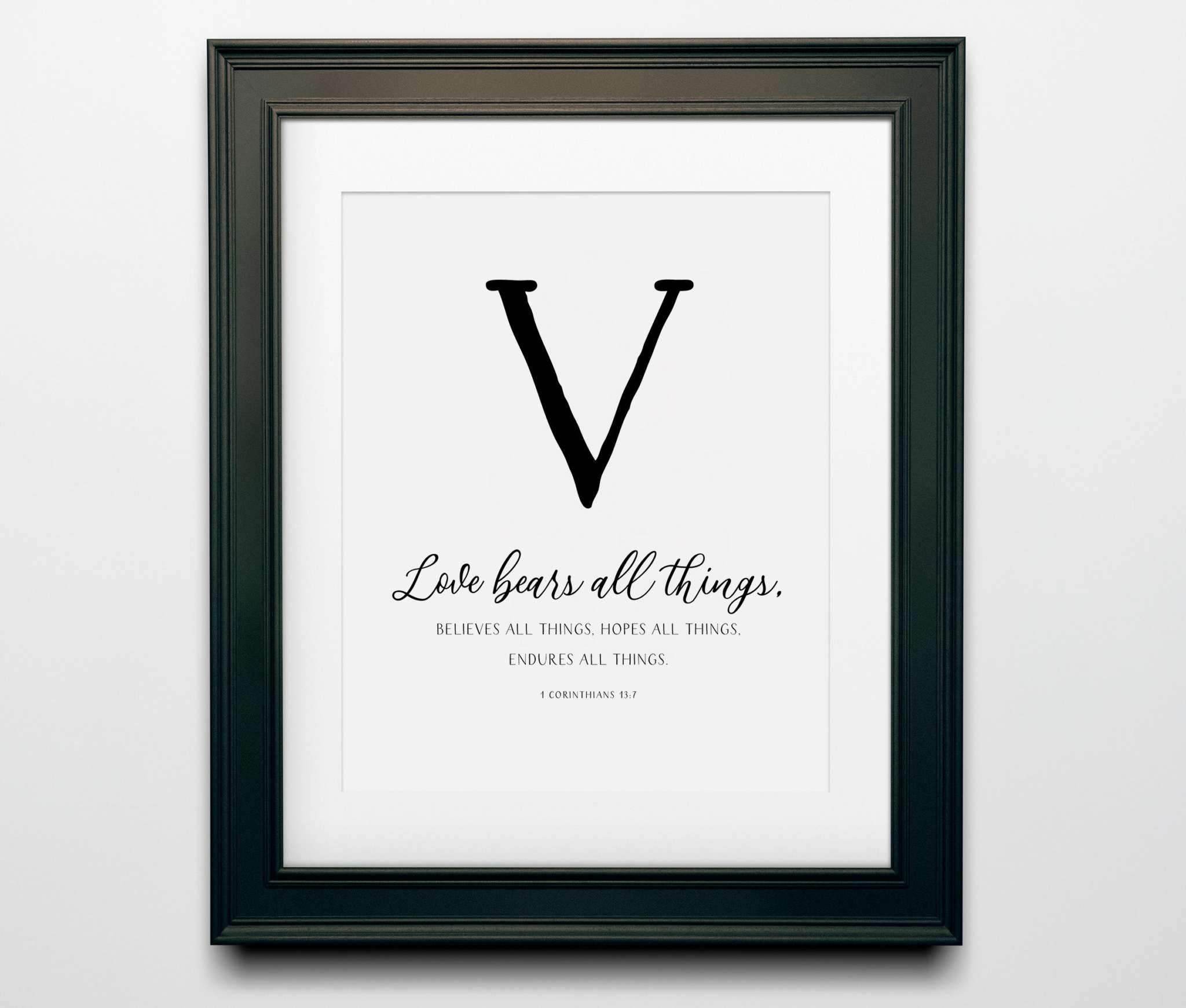 Christian Wall Art - 4-Piece Love Bible Verses Decor Set featuring the letter “V” 