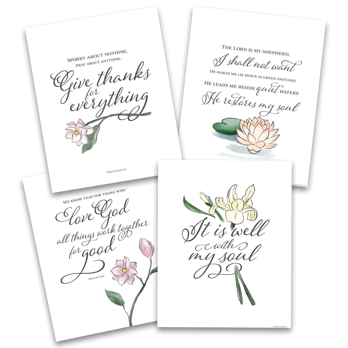 Christian wall art featuring "It Is Well With My Soul" with floral designs and Bible verses from Romans 8:28, Philippians 4:6, and Psalm 23:1-3.
