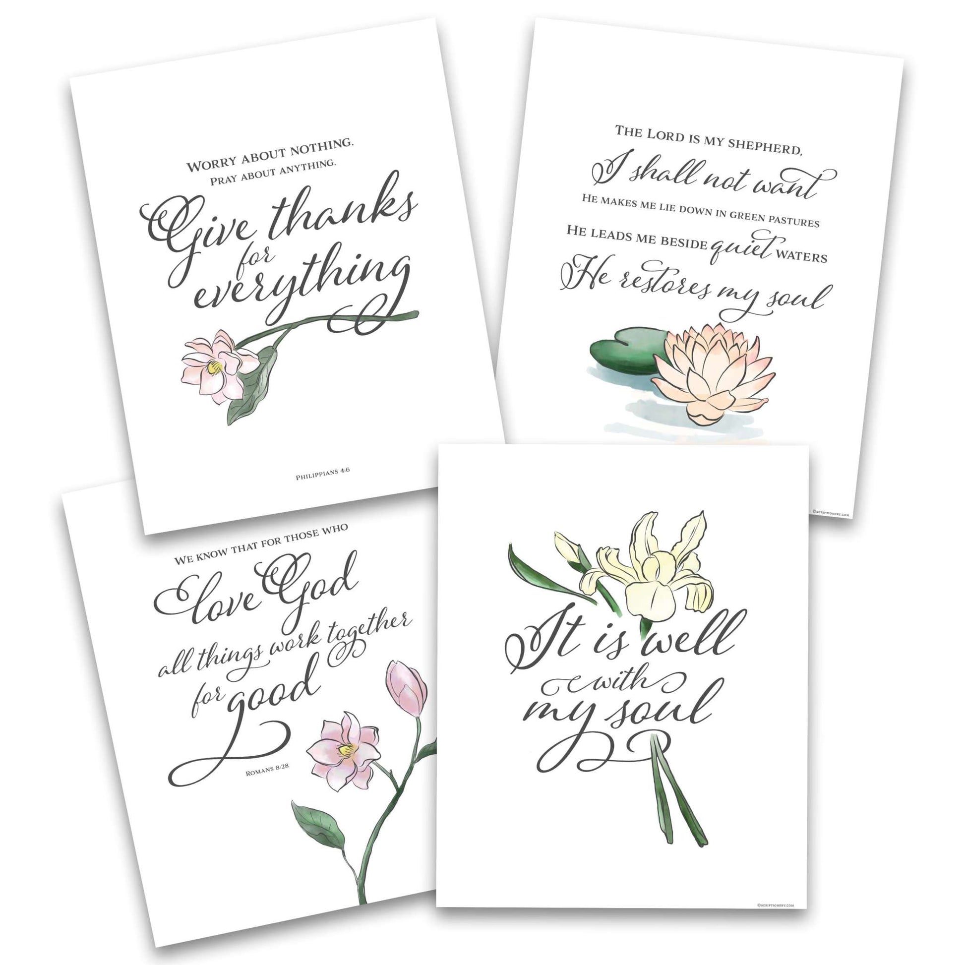 Christian wall art featuring "It Is Well With My Soul" with floral designs and Bible verses from Romans 8:28, Philippians 4:6, and Psalm 23:1-3.