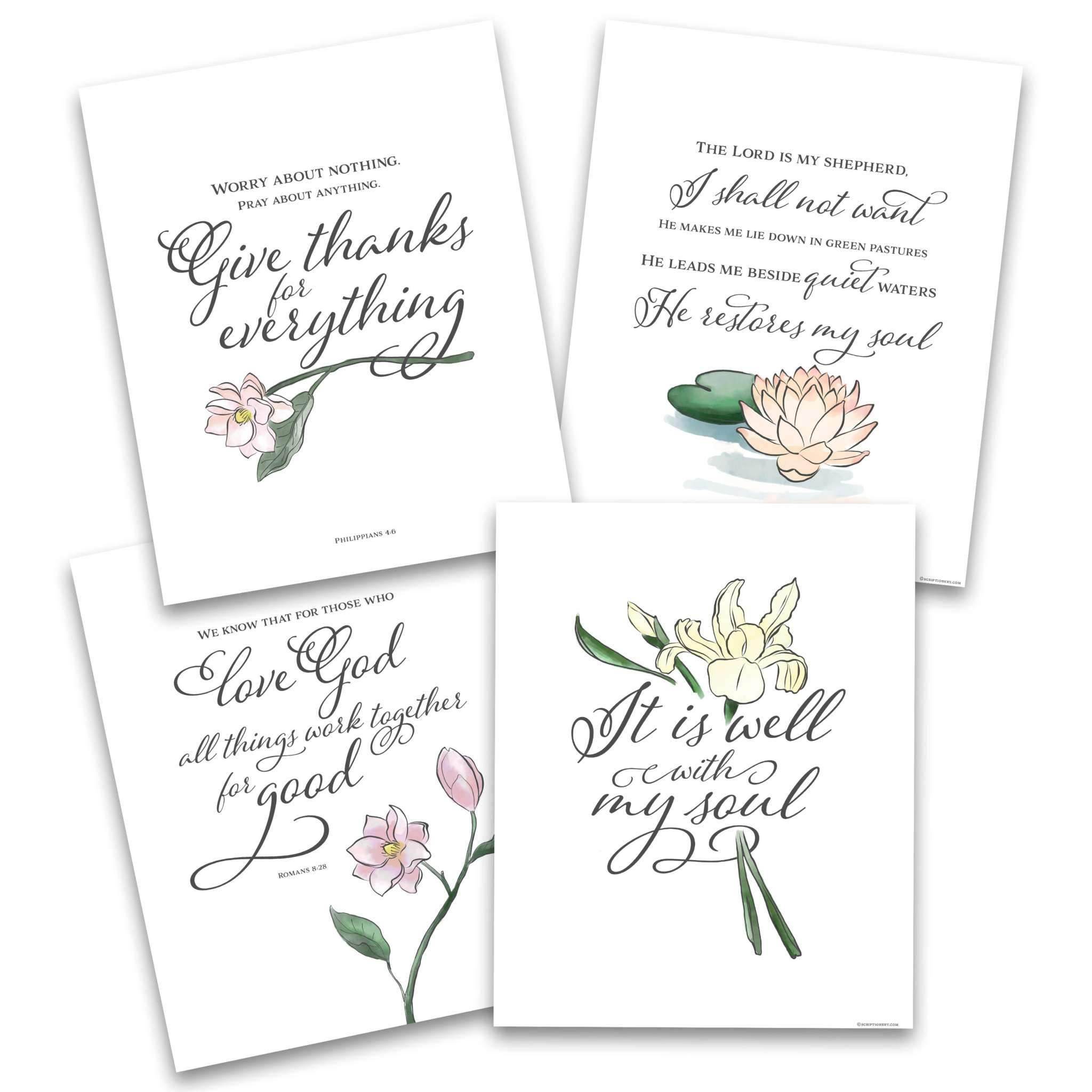 Christian wall art featuring "It Is Well With My Soul" with floral designs and Bible verses from Romans 8:28, Philippians 4:6, and Psalm 23:1-3.