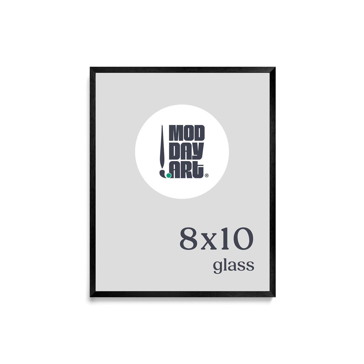 Premium Metal Picture Frame in Black, 8x10 size with glass and no mat, shown empty with a Mod Day Art logo placeholder.