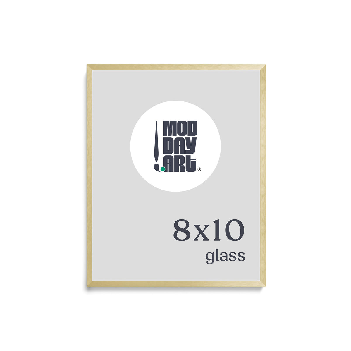 Premium Metal Picture Frame in Gold, 8x10 size with glass and no mat, shown empty with a Mod Day Art logo placeholder.