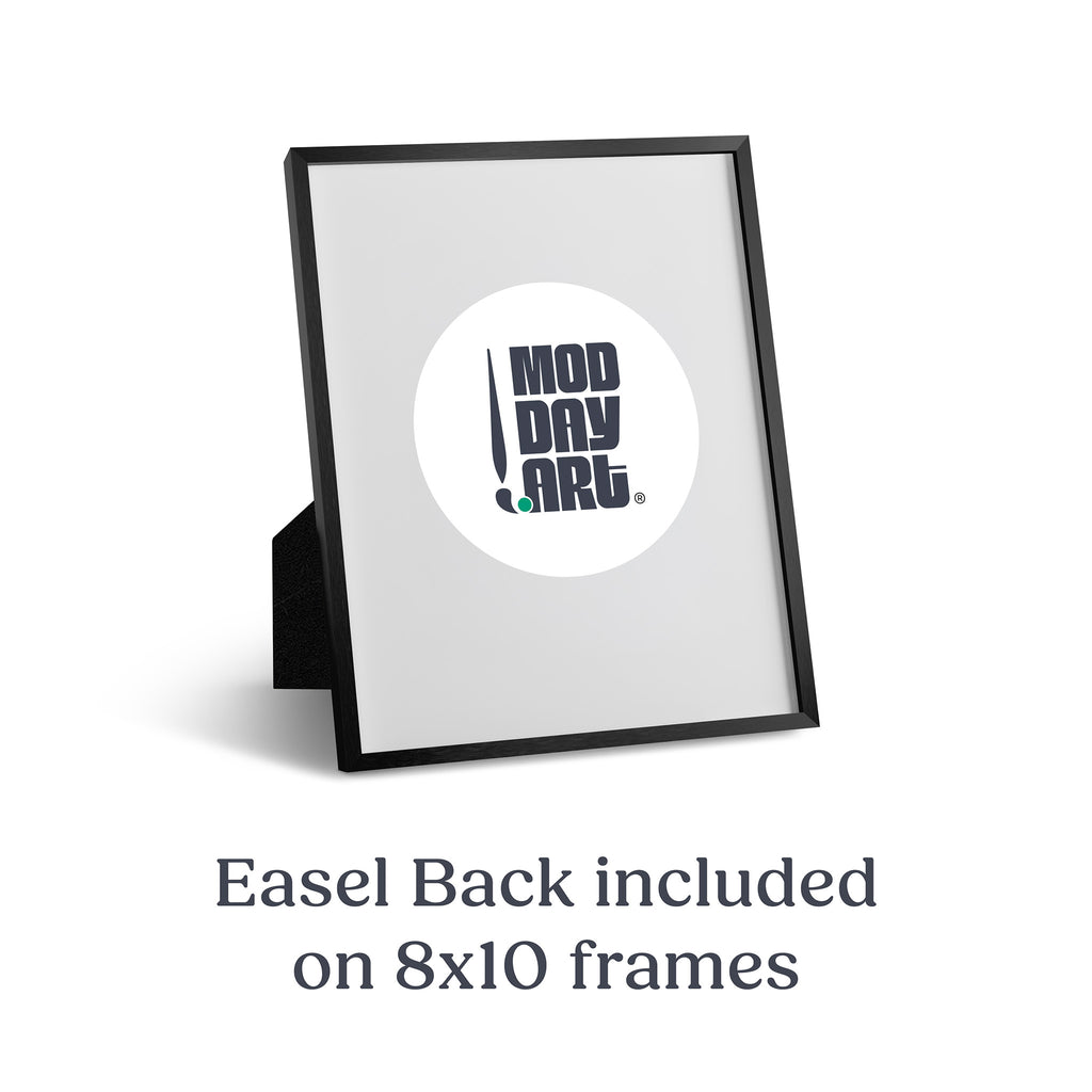 Black Premium Metal Picture Frame standing on its easel back with a Mod Day Art logo placeholder, labeled Easel Back included on 8x10 frames.