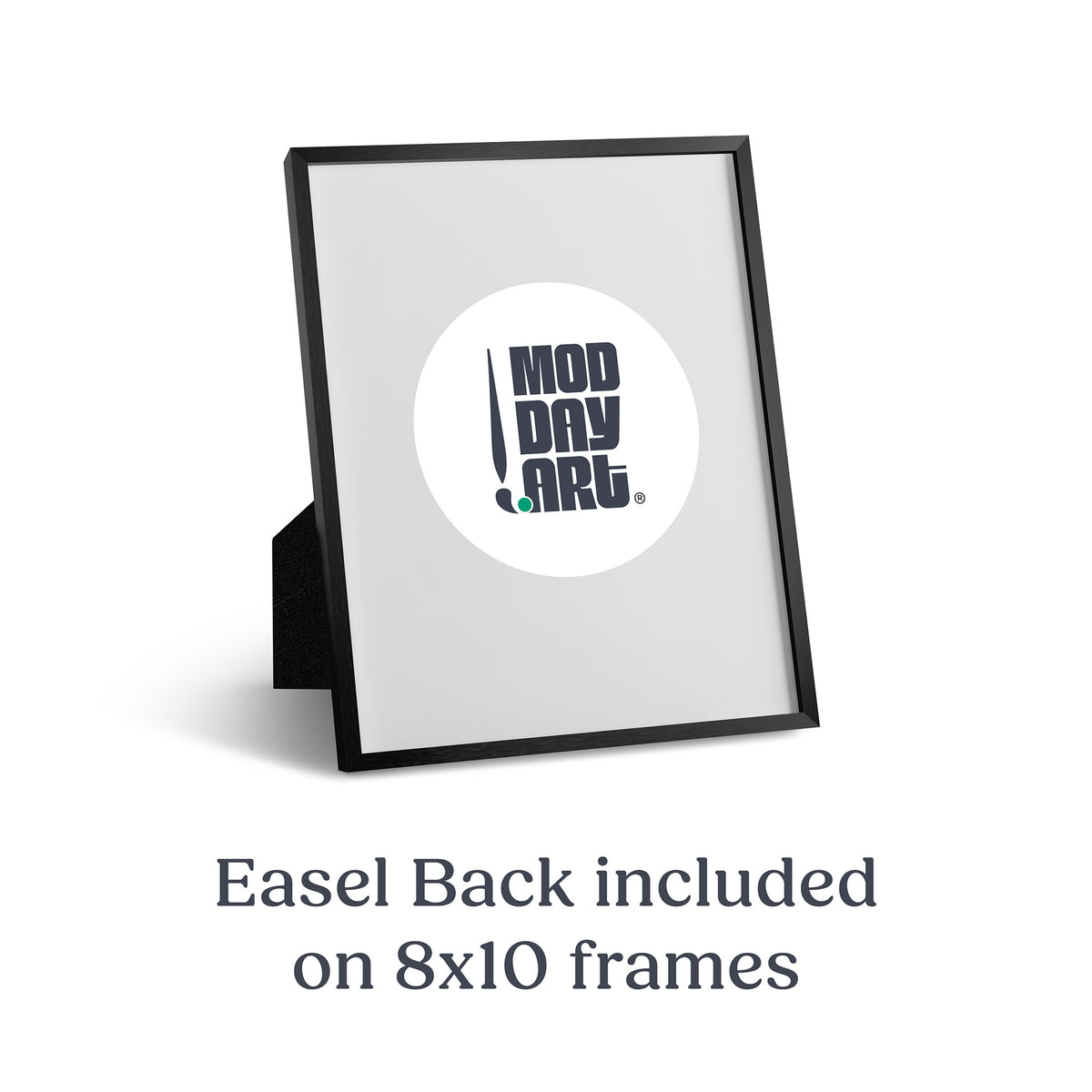 Black Premium Metal Picture Frame standing on its easel back with a Mod Day Art logo placeholder, labeled Easel Back included on 8x10 frames.