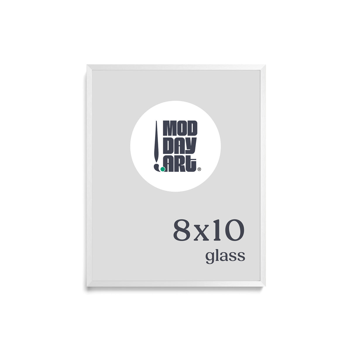 Premium Metal Picture Frame in White, 8x10 size with glass and no mat, shown empty with a Mod Day Art logo placeholder.