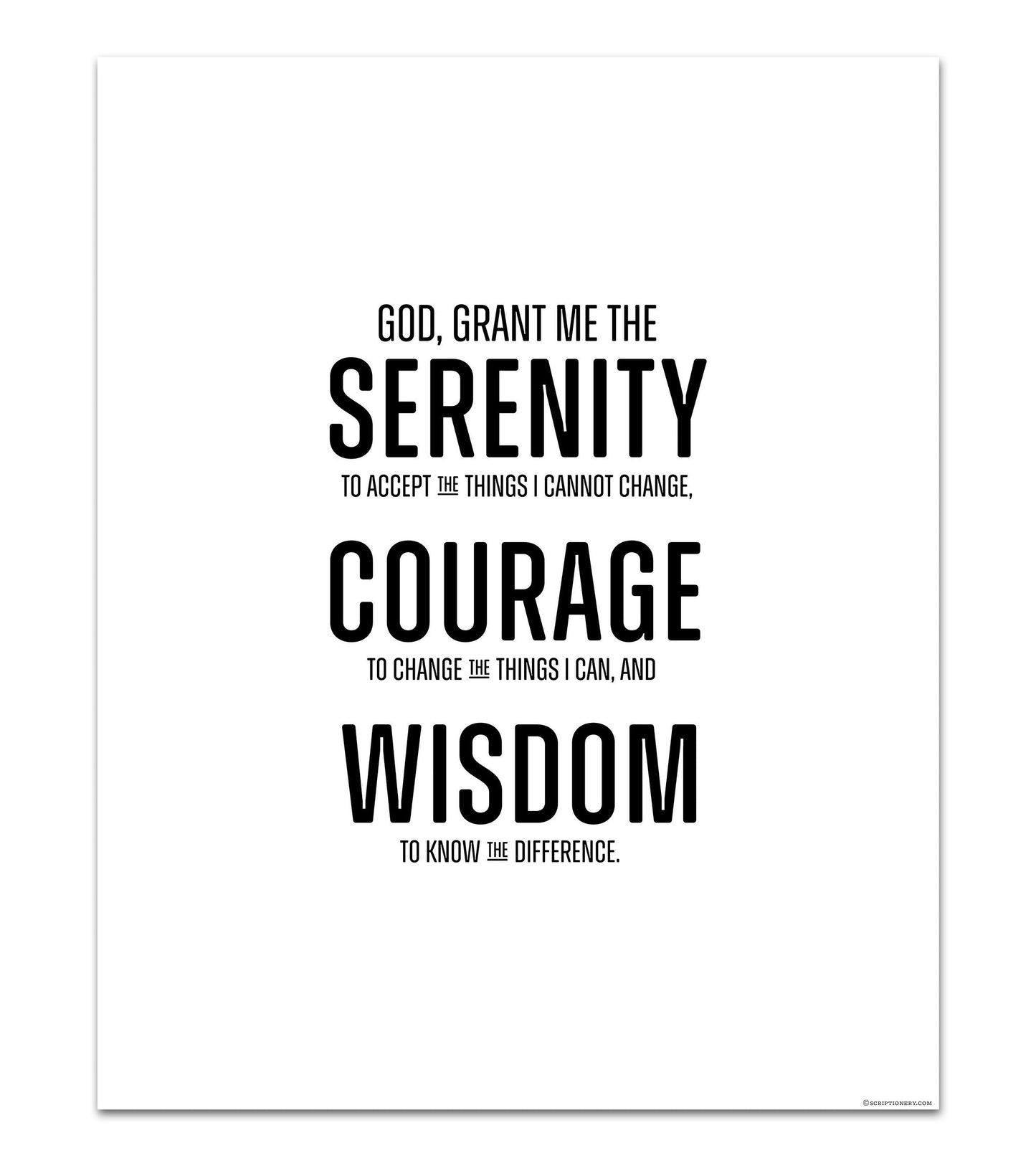 God grant me the serenity wall art in block print style with inspirational text, black and white typography.