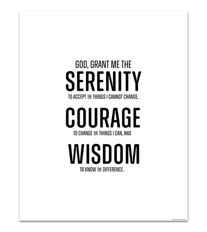 God grant me the serenity wall art in block print style with inspirational text, black and white typography.