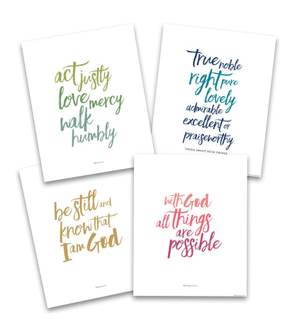 Modern Brush Calligraphy Bible Verse Wall Art in various colors, featuring minimalist faith-inspired decor.