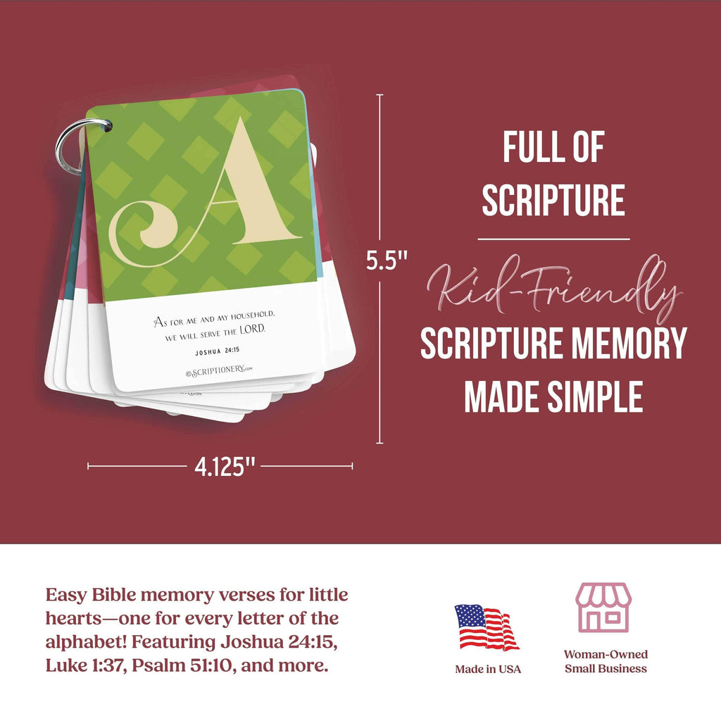ABC Scripture Memory Cards for Kids - Bible verses learning tool for children.