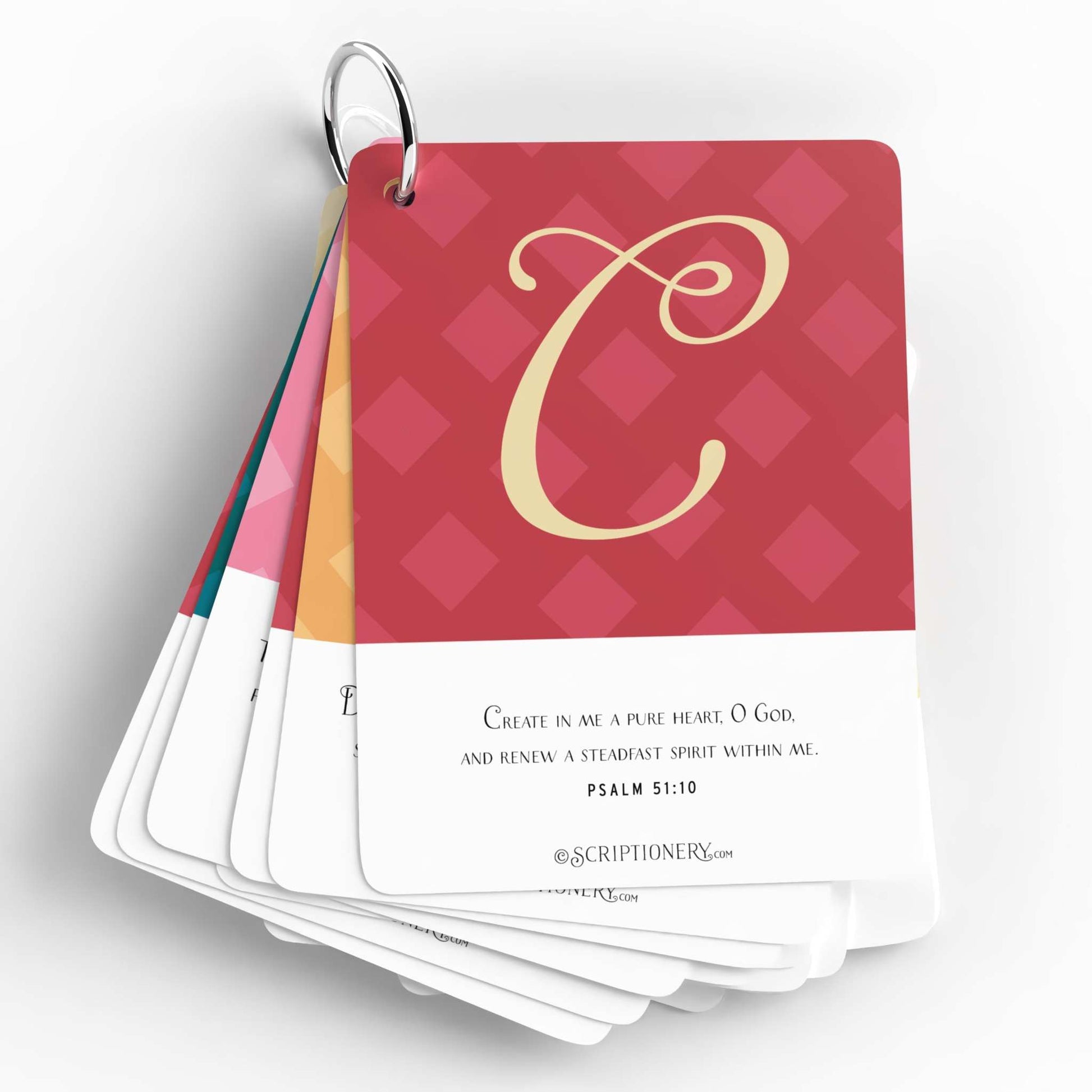 Alphabet flash cards with inspiring scripture for each letter.