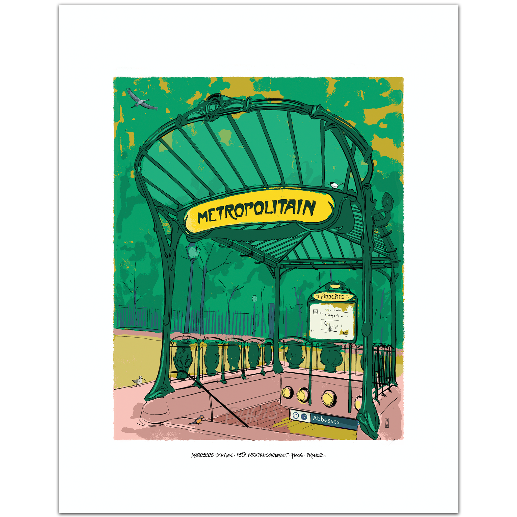 A hand-illustrated art print of the Abbesses Metro entrance in Montmartre, Paris, featuring green Art Nouveau ironwork and the yellow Metropolitain sign, framed by a white border.