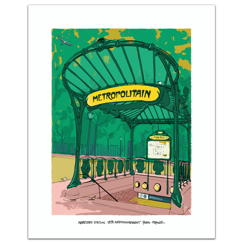 A hand-illustrated art print of the Abbesses Metro entrance in Montmartre, Paris, featuring green Art Nouveau ironwork and the yellow Metropolitain sign, framed by a white border.