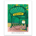 A hand-illustrated art print of the Abbesses Metro entrance in Montmartre, Paris, featuring green Art Nouveau ironwork and the yellow Metropolitain sign, framed by a white border.
