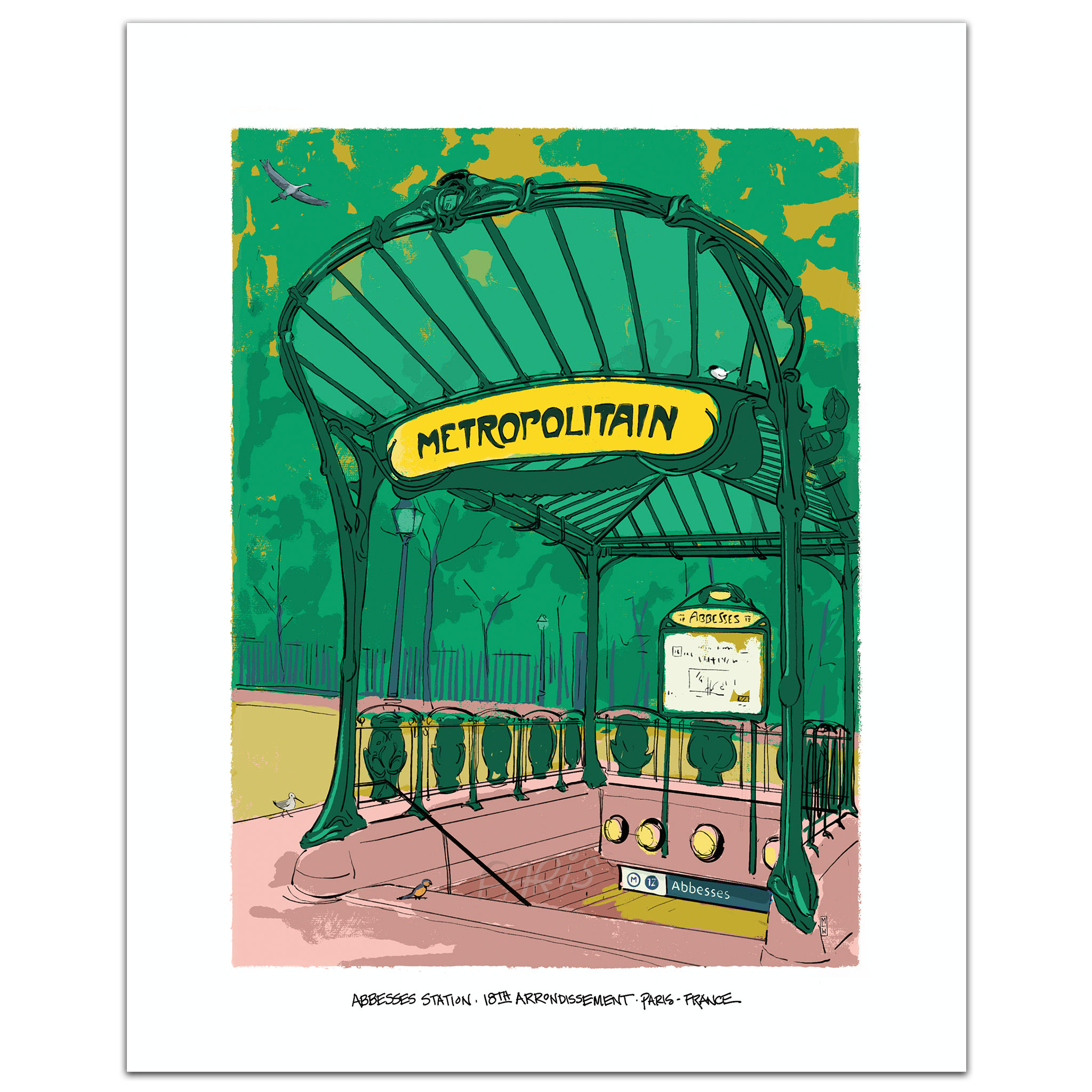 A hand-illustrated art print of the Abbesses Metro entrance in Montmartre, Paris, featuring green Art Nouveau ironwork and the yellow Metropolitain sign, framed by a white border.