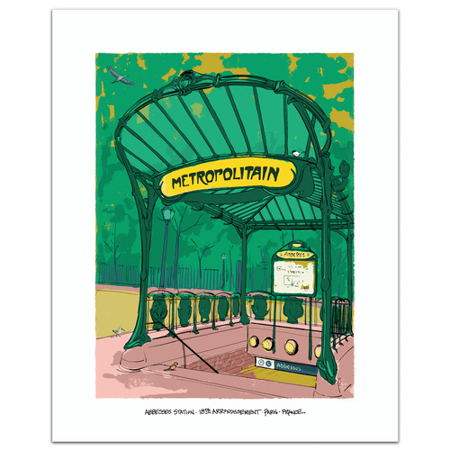 A hand-illustrated art print of the Abbesses Metro entrance in Montmartre, Paris, featuring green Art Nouveau ironwork and the yellow Metropolitain sign, framed by a white border.