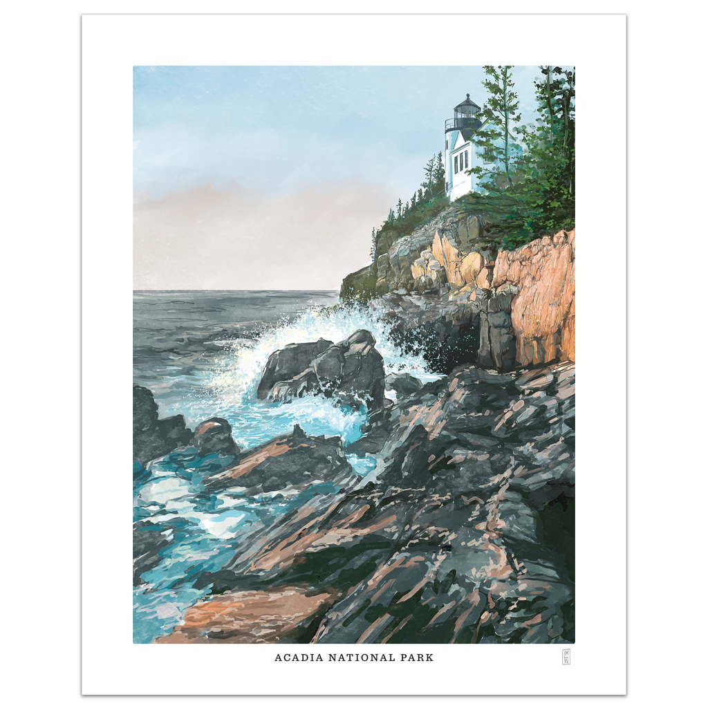 Lighthouse on a rocky cliff with ocean waves, labeled 'Acadia National Park'.