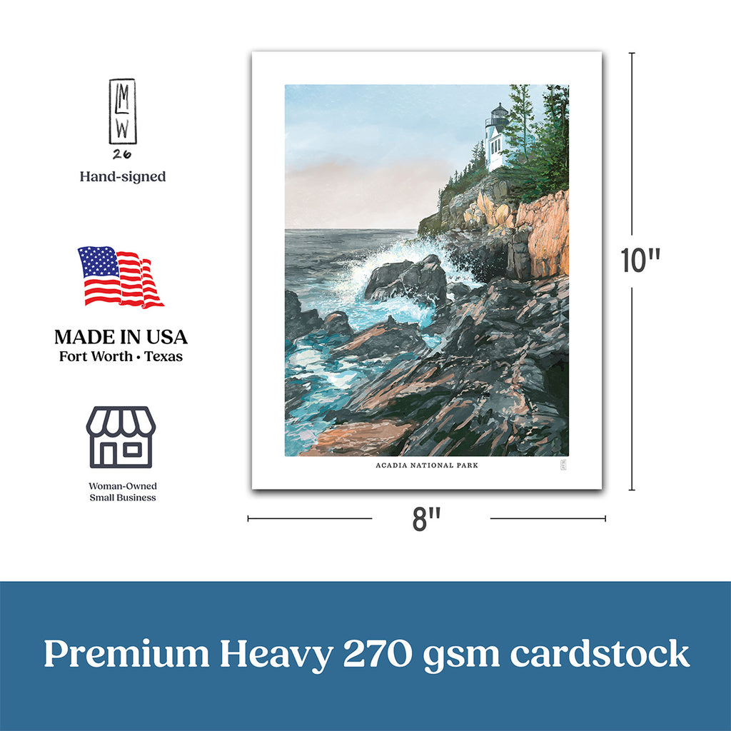 Poster of a Acadia National Park, lighthouse on rocks with dimensions and certification logos displayed.