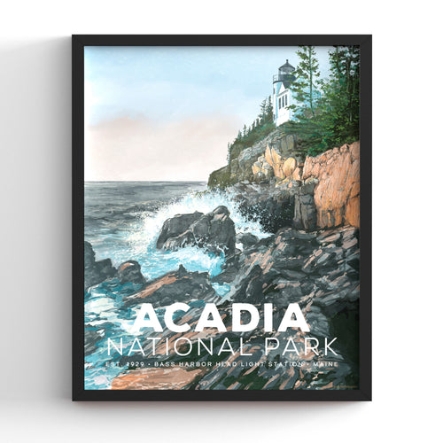 Acadia National Park poster featuring Bass Harbor and coastal cliffs in a black frame, hand-illustrated vintage travel print, 8x10