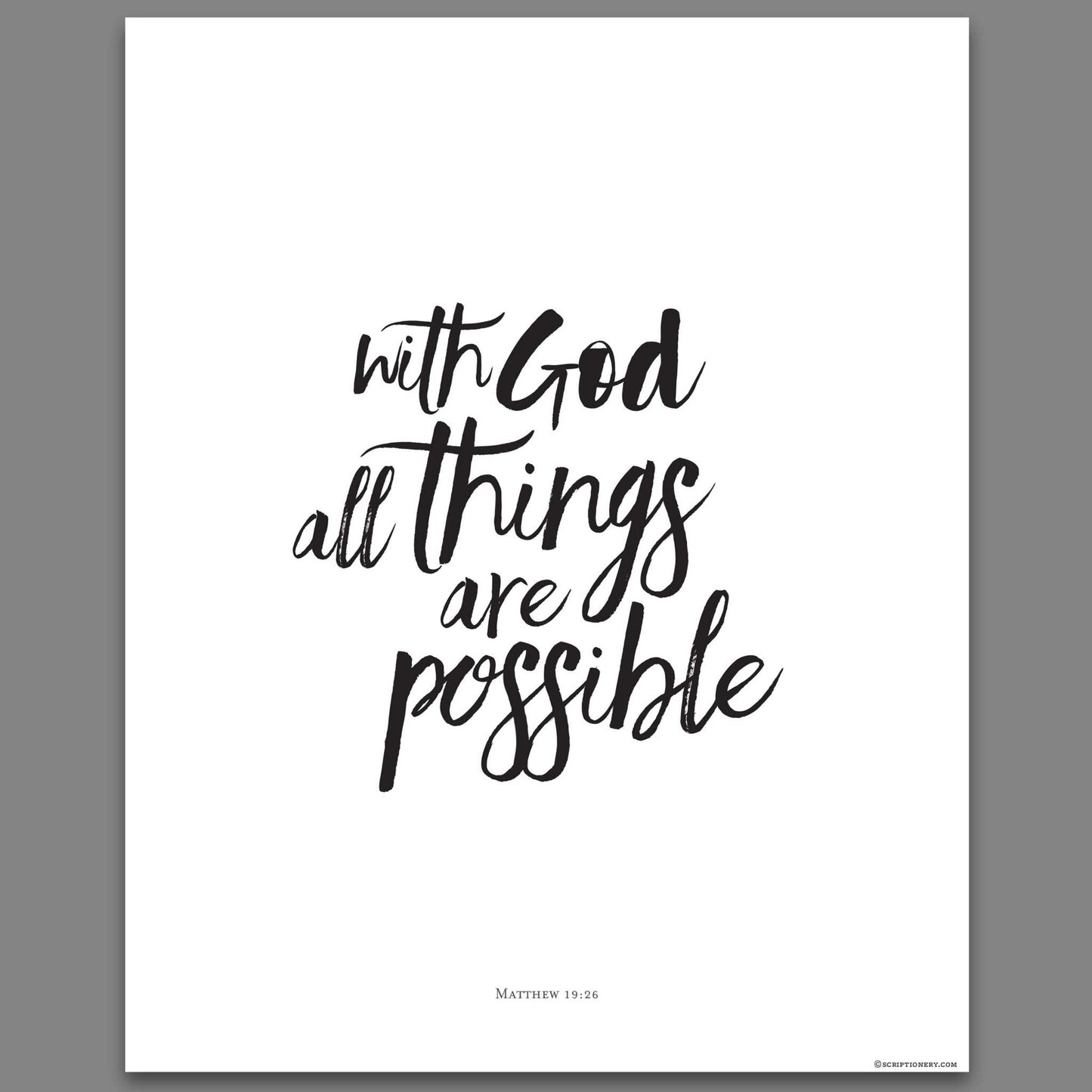 Modern brush calligraphy Bible verse wall art with elegant lettering, featuring "With God all things are possible" in black and white.