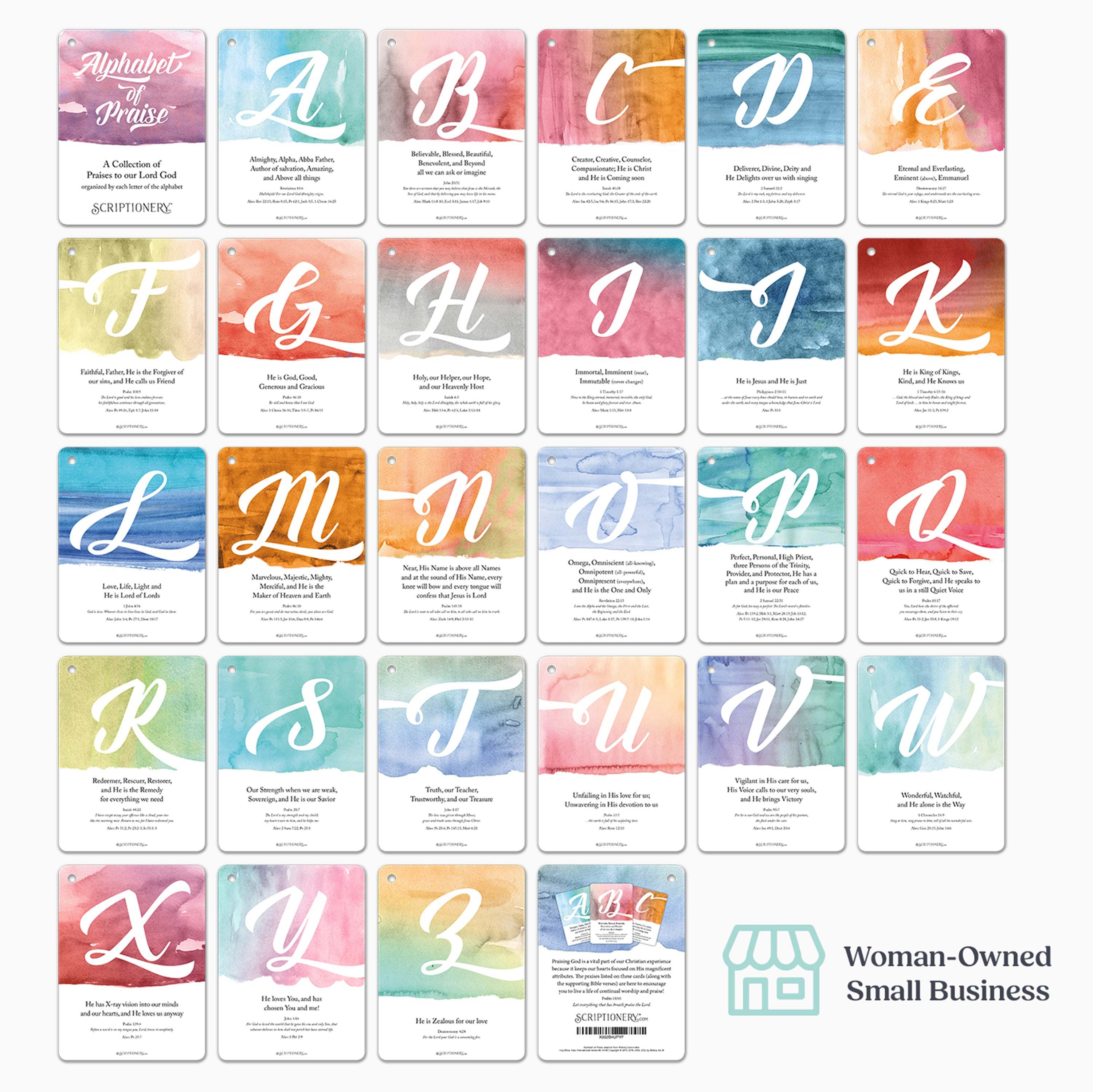 Set of Alphabet of Praise Scripture Cards flashcards with colorful watercolor designs on a white background.