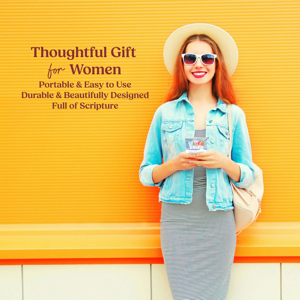 Woman holding a Alphabet of Praise Scripture Cards with text about a thoughtful gift for women on a yellow background