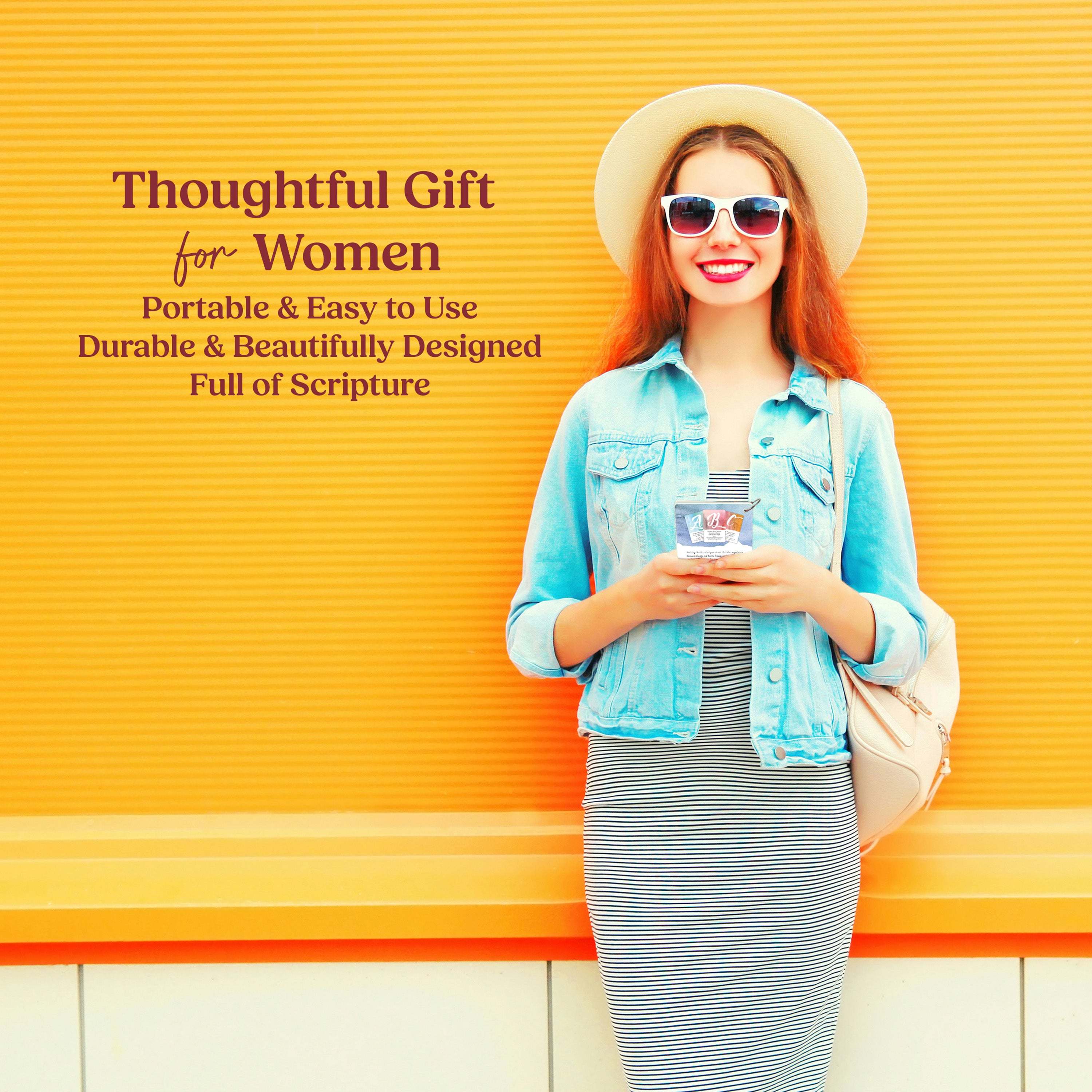 Woman holding a Alphabet of Praise Scripture Cards with text about a thoughtful gift for women on a yellow background
