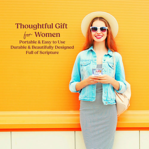 Woman holding a Alphabet of Praise Scripture Cards with text about a thoughtful gift for women on a yellow background