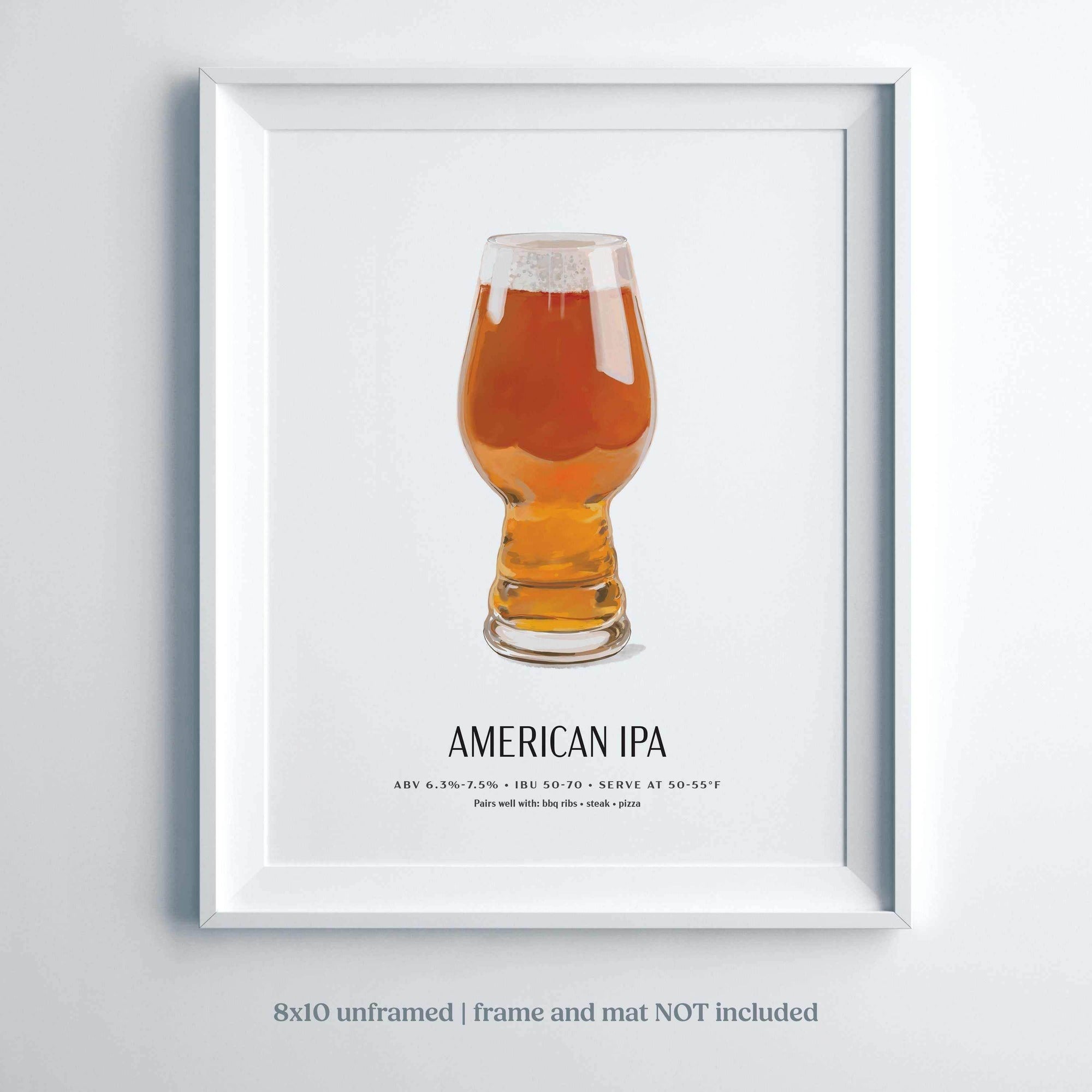 American IPA Beer Poster with hand-illustrated glass, bold hoppy design, 8x10 unframed wall art.