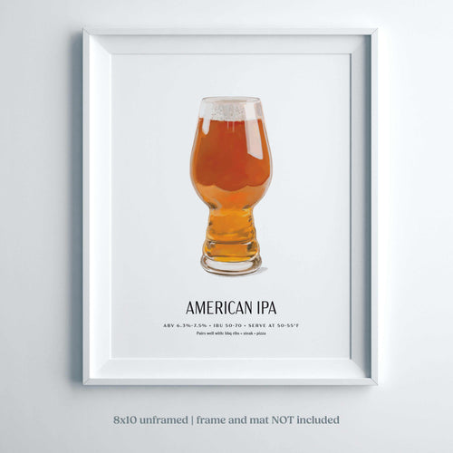 American IPA Beer Poster with hand-illustrated glass, bold hoppy design, 8x10 unframed wall art.