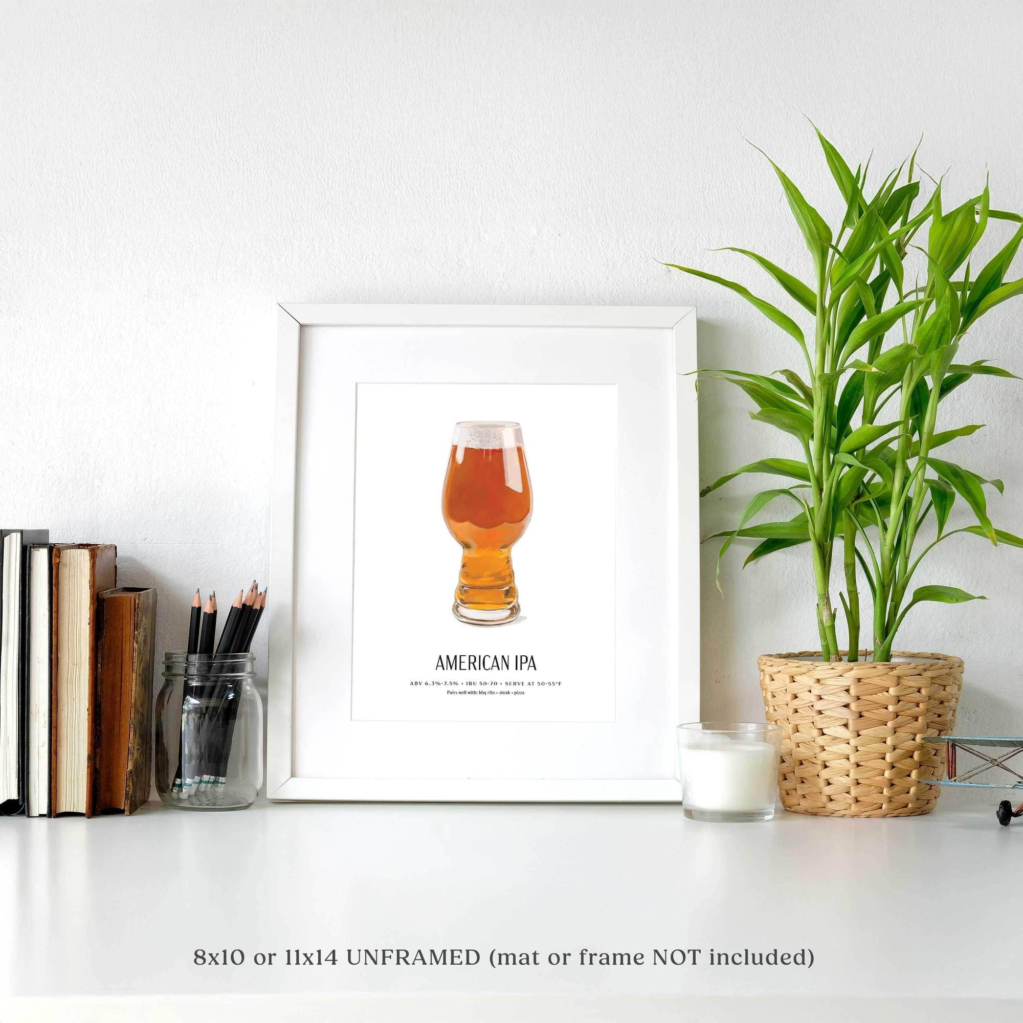 American IPA Beer Poster featuring hand-illustrated IPA glass, 8x10 unframed wall art.