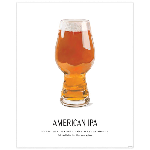 American IPA Beer Poster featuring bold, hoppy craft beer illustration, perfect for home bars and breweries, unframed 8x10 wall art.