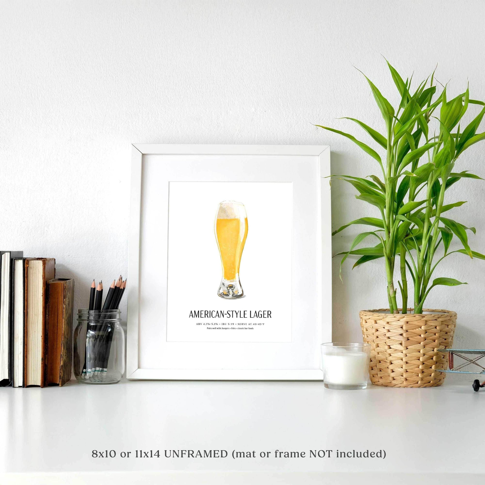 American-Style Lager Beer Poster, hand-illustrated pilsner glass, unframed 8x10 wall art.