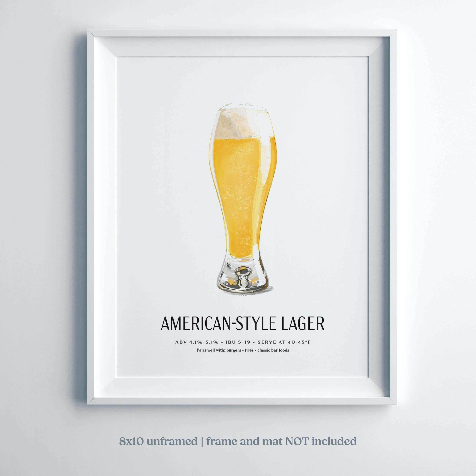 American-Style Lager beer poster featuring a hand-illustrated pilsner glass, 8x10 unframed wall art on premium cardstock.