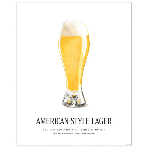 American-Style Lager Beer Poster, 8x10 unframed, featuring a hand-illustrated pilsner glass with beer specs, perfect for home bars and breweries.