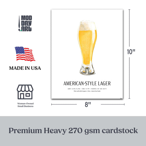 American-Style Lager Beer Poster with Pilsner Glass Illustration, 8x10 Unframed, Premium Cardstock.