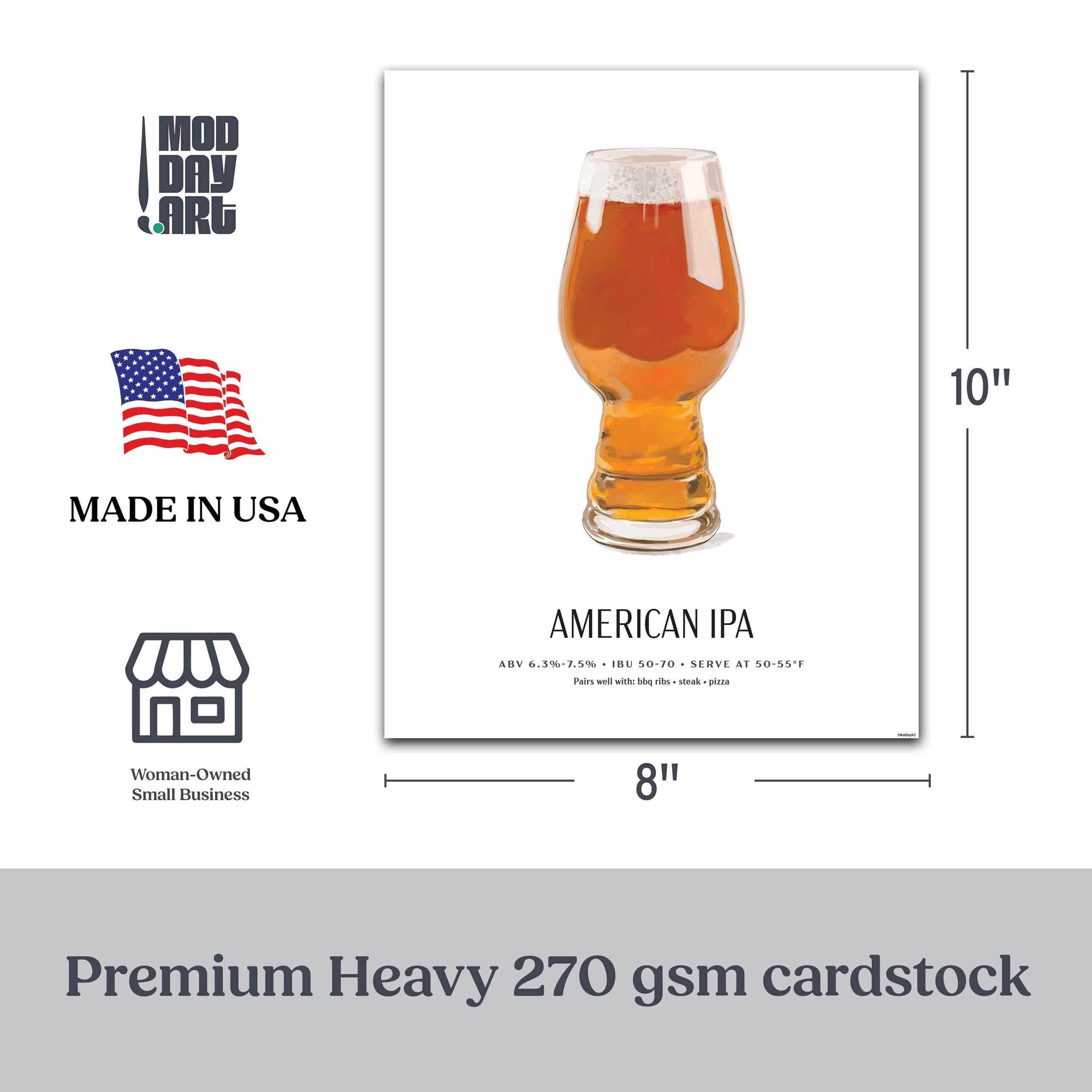 American IPA Beer Poster featuring hand-illustrated IPA glass and specs, 8x10 wall art, premium cardstock.