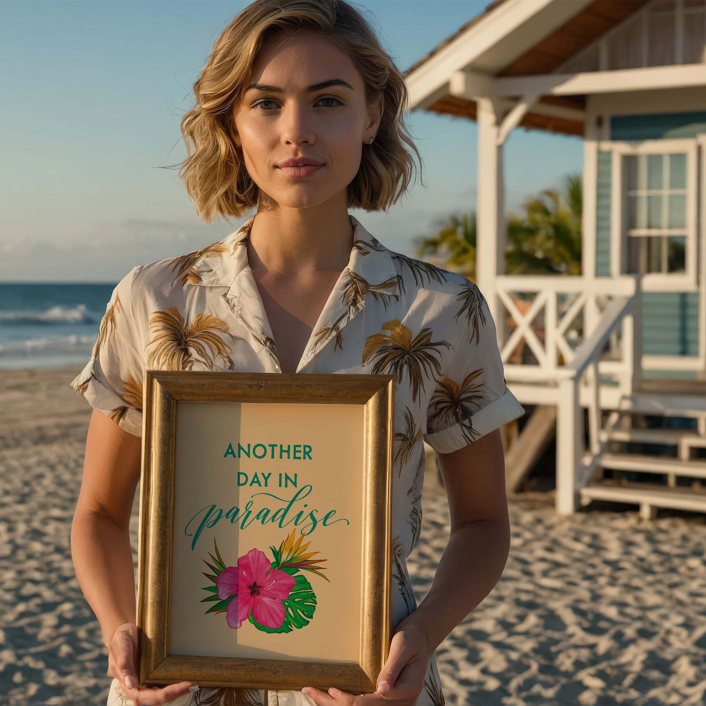 Woman holding a framed picture with 'Another Day in Paradise' text on a beach.