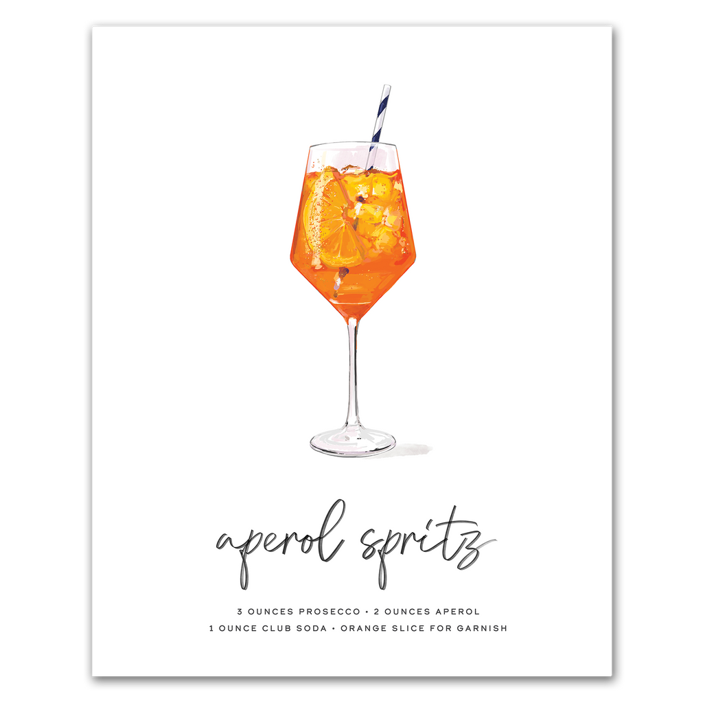 Aperol Spritz hand-drawn illustration — cocktail recipe wall art with prosecco, Aperol, and soda, 8x10 print