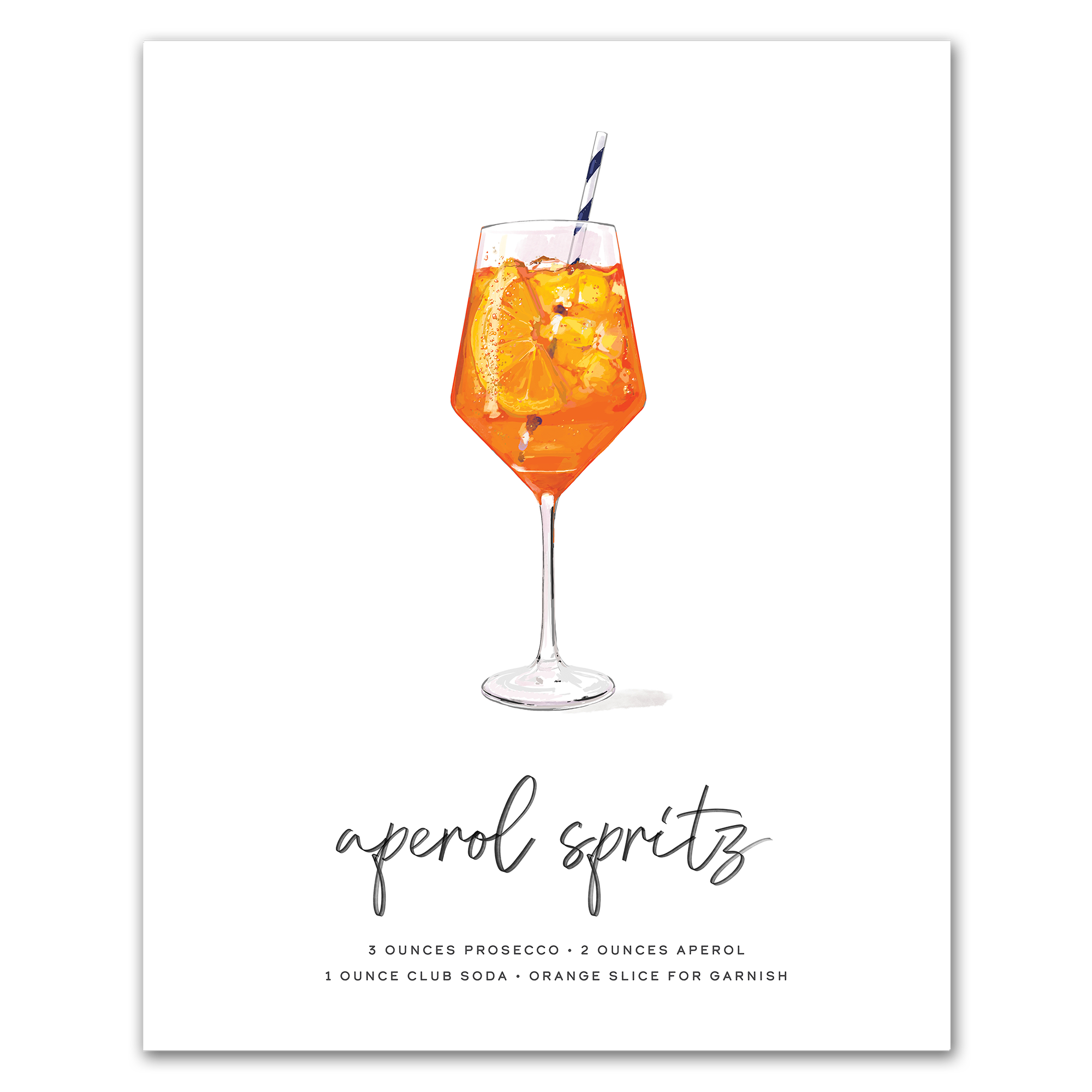 Aperol Spritz hand-drawn cocktail recipe wall 8x10 inch art print for kitchen or home bar