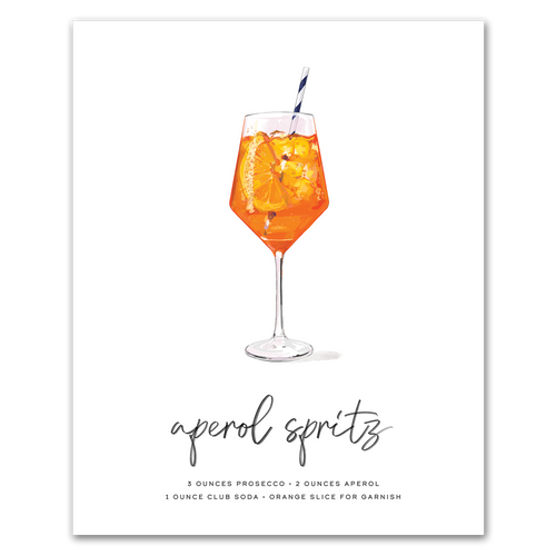 Aperol Spritz hand-drawn illustration — cocktail recipe wall art with prosecco, Aperol, and soda, 8x10 print