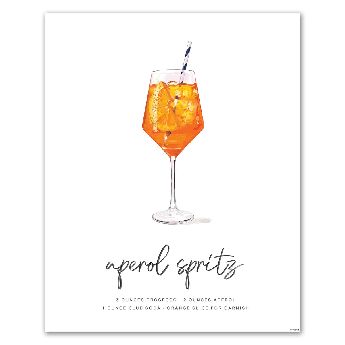 Aperol Spritz recipe cocktail art featuring an illustration of an aperol spritz cocktail with recipe text on a white background