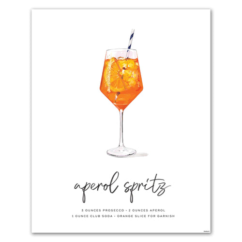 Aperol Spritz recipe cocktail art featuring an illustration of an aperol spritz cocktail with recipe text on a white background